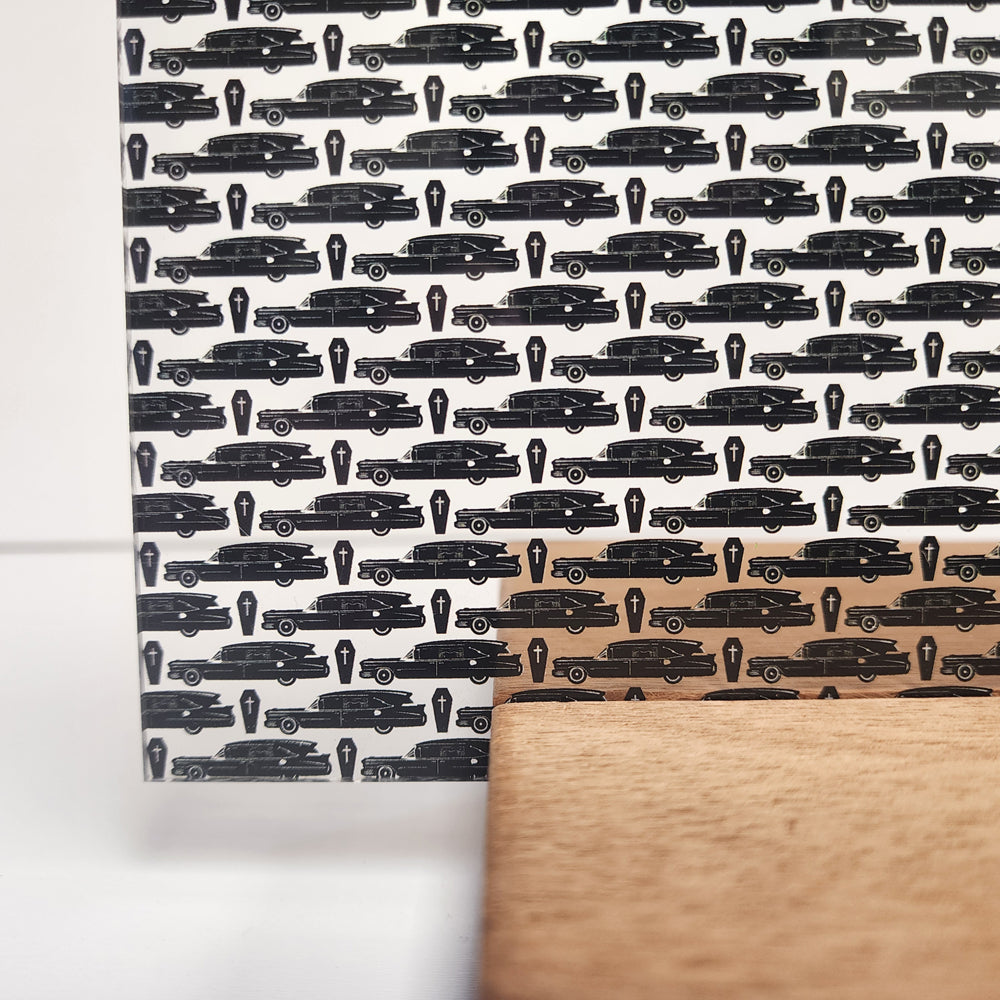 PatternPly® Scattered Hearses and Coffins sheet showing the pattern