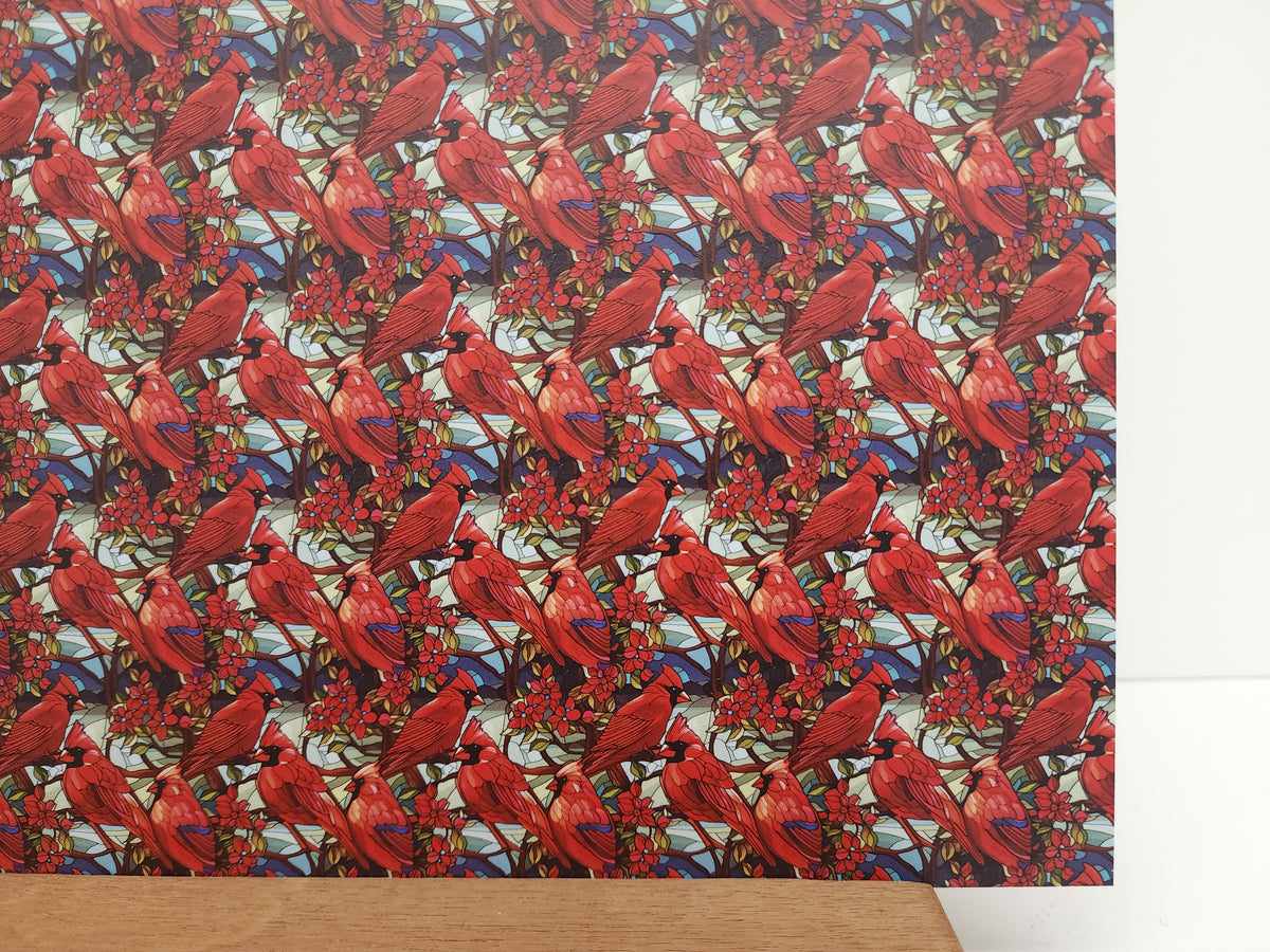 PatternPly® Full Coverage Mini Stained Glass Cardinals sheet showing the pattern