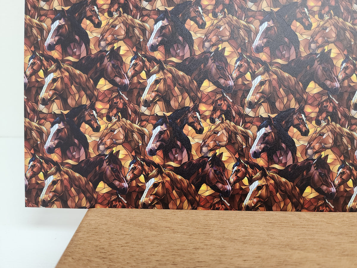 PatternPly® Full Coverage Mini Stained Glass Horses sheet showing the pattern