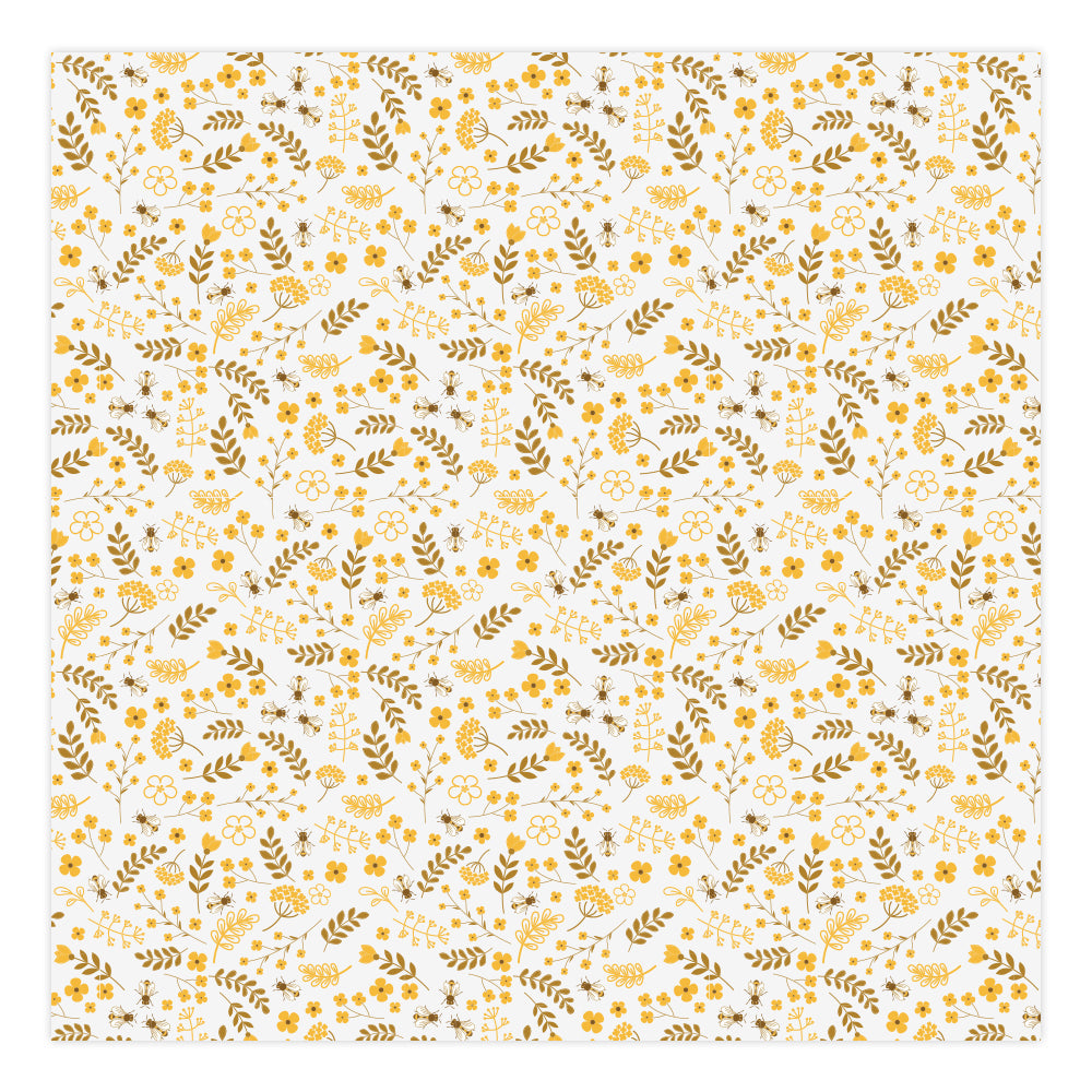 PatternPly® Full Coverage Mustard Yellow Bees and Flowers sheet showing the pattern