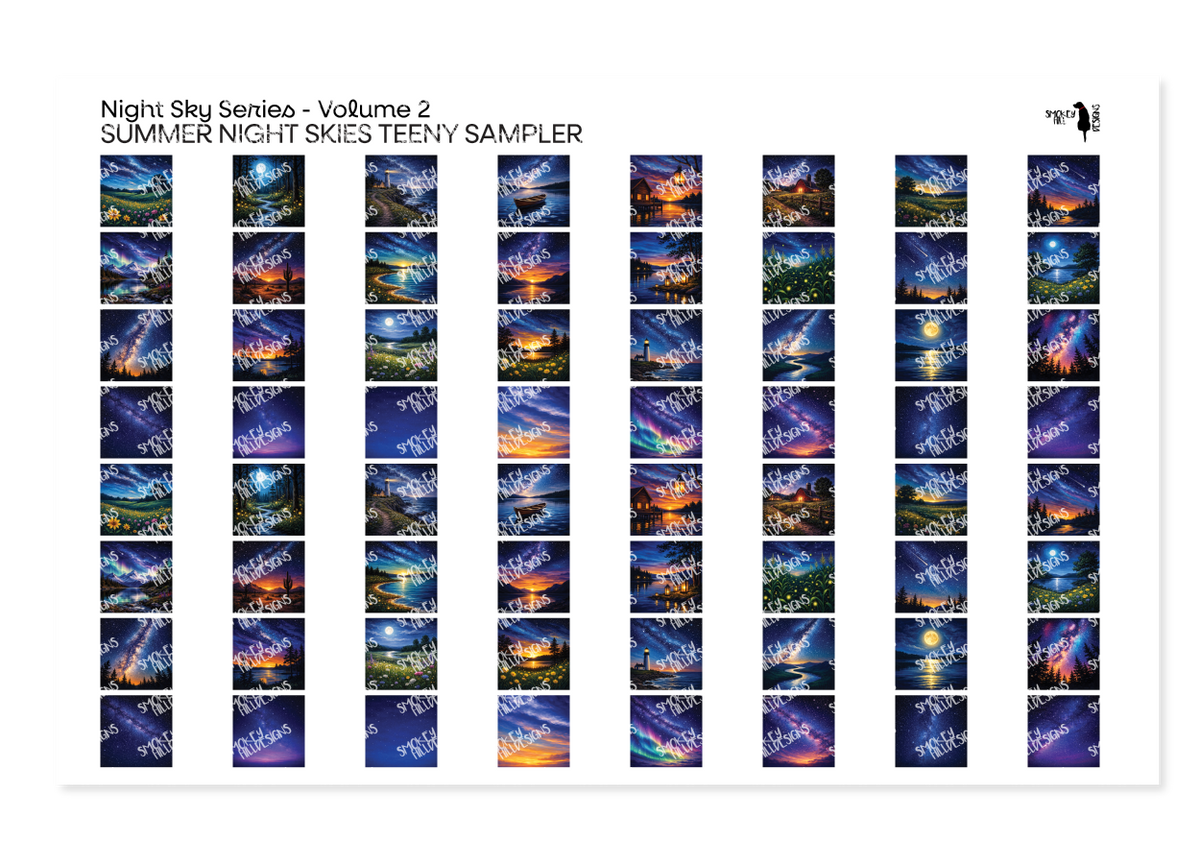 PatternPly® Full Coverage Night Skies Volume 2 Summer Night Skies Teeny Sampler: sampler sheet of small art scene designs