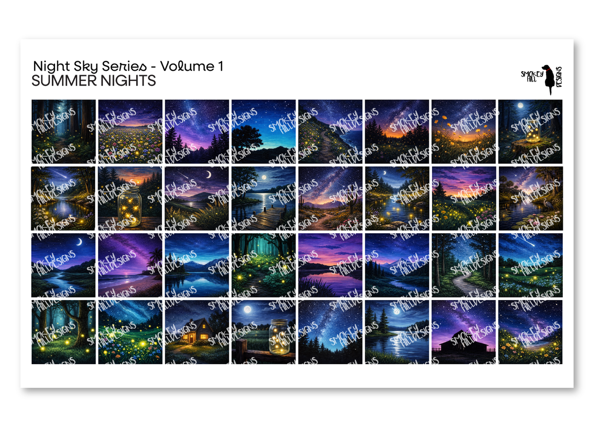 PatternPly® Transparent Night Skies Volume 1 Summer Nights Sampler: sampler sheet of small art scene designs