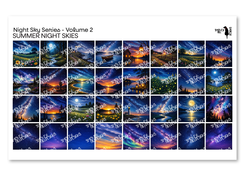 PatternPly® Full Coverage Night Skies Volume 2 Summer Night Skies Sampler: sampler sheet of small art scene designs