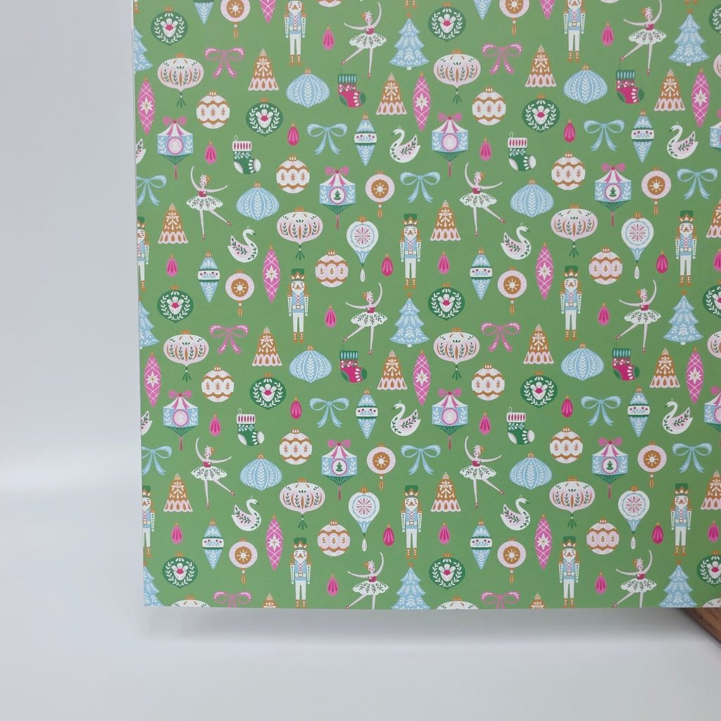 PatternPly® Full Coverage Nutcrackers and Ballerinas on Green LARGE sheet showing the pattern