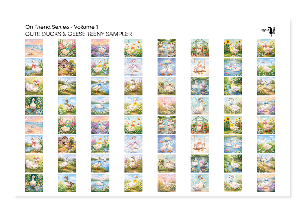 PatternPly® Full Coverage On Trend Volume 1 Cute Ducks and Geese Teeny Sampler: sampler sheet of small art scene designs