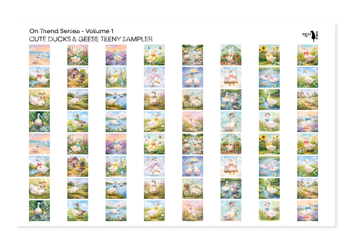 PatternPly® Transparent On Trend Volume 1 Cute Ducks and Geese Teeny Sampler: sampler sheet of small art scene designs