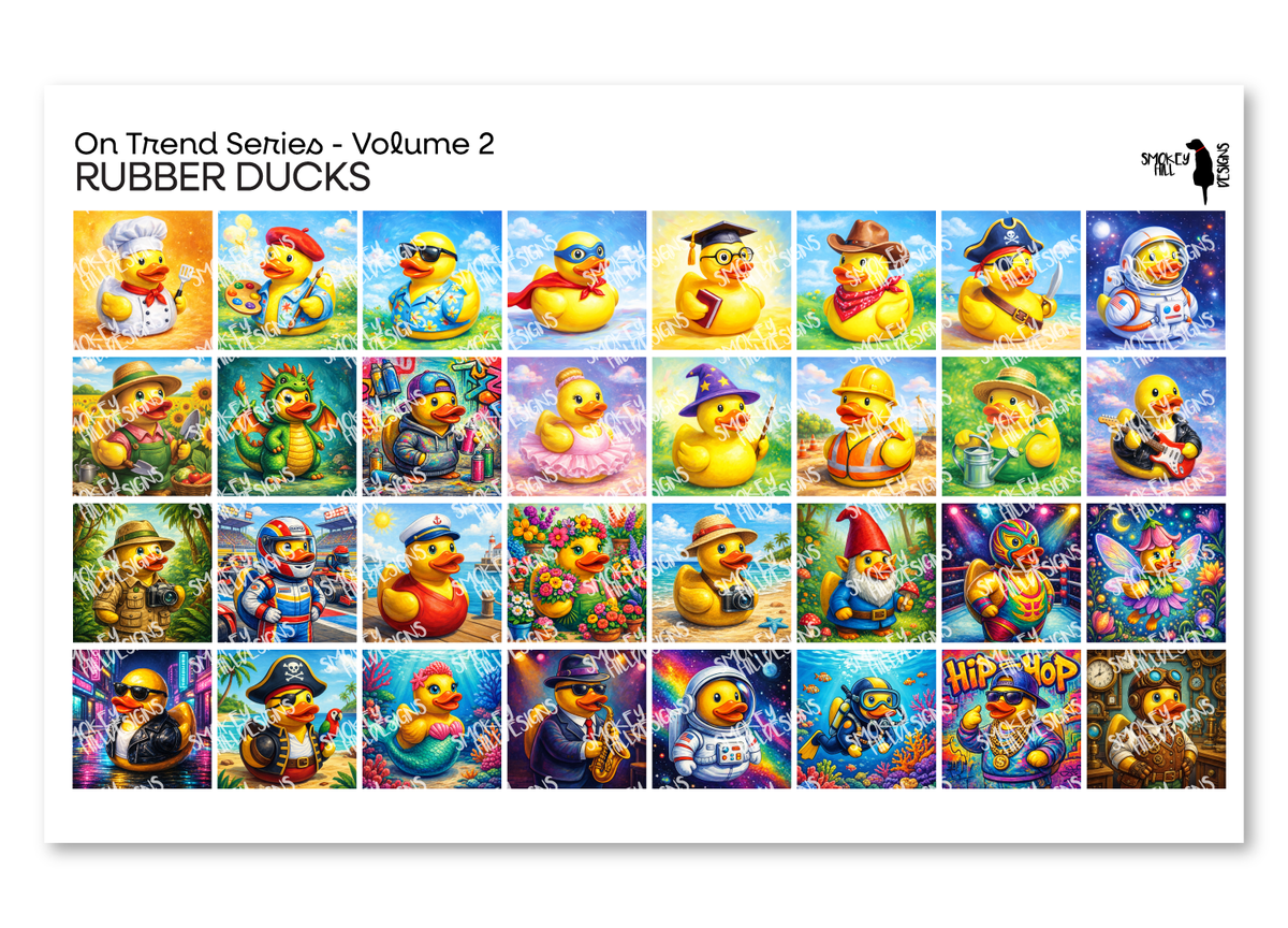 PatternPly® Full Coverage On Trend Volume 2 Rubber Ducks Sampler: sampler sheet of small art scene designs