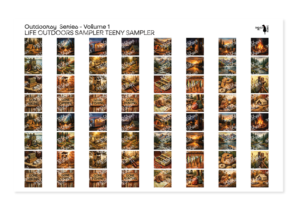 PatternPly® Transparent Outdoorsy Series Volume 1 Life Outdoors Teeny Sampler: sampler sheet of small art scene designs