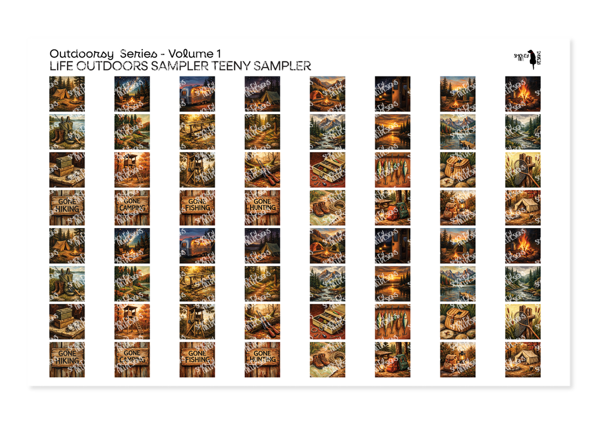 PatternPly® Full Coverage Outdoorsy Series Volume 1 Life Outdoors Teeny Sampler: sampler sheet of small art scene designs