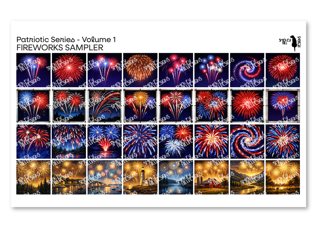 PatternPly® Transparent Patriotic Volume 1 Fireworks Sampler: sampler sheet of small art scene designs