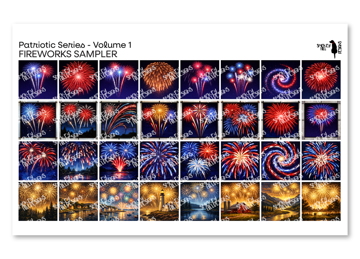 PatternPly® Full Coverage Patriotic Volume 1 Fireworks Sampler: sampler sheet of small art scene designs