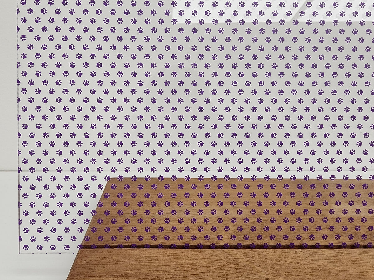 PatternPly® Scattered Micro School Pawprints PURPLE sheet showing the pattern