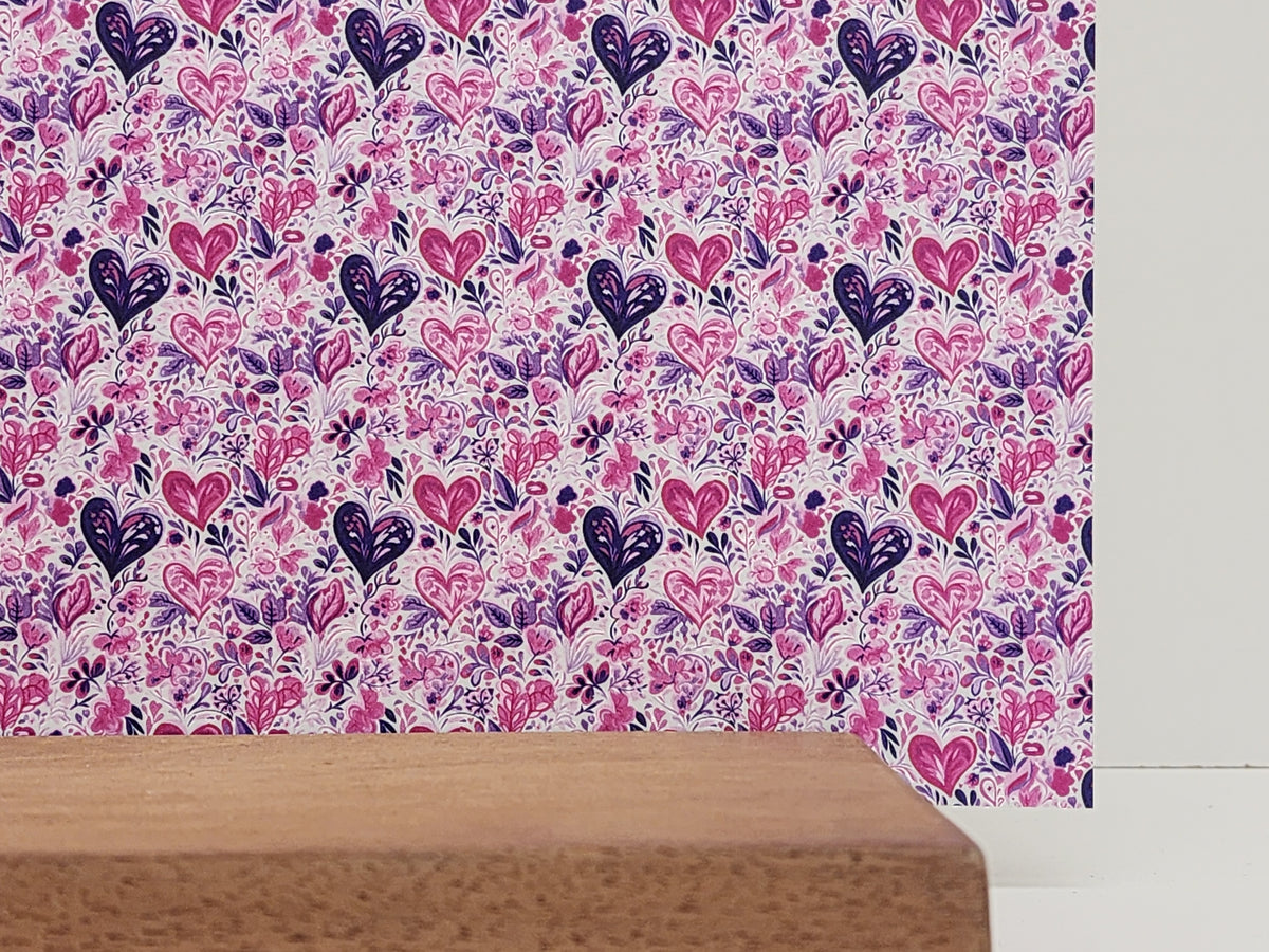 PatternPly® Full Coverage Pink and Purple Watercolor Hearts sheet showing the pattern