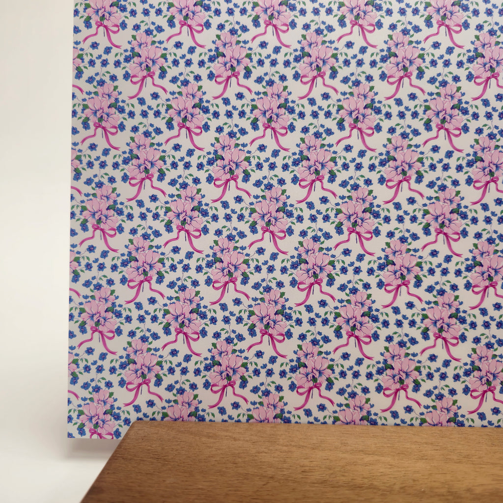 PatternPly® Full Coverage Coquette Floral Bouquet Pink Bows sheet showing the pattern