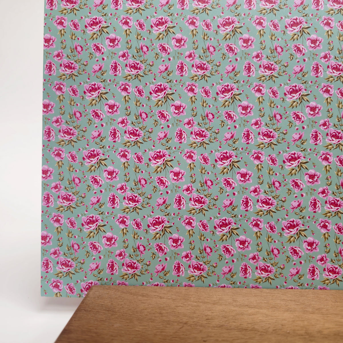 PatternPly® Full Coverage Pink Peonies Aqua Background sheet showing the pattern