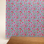 PatternPly® Full Coverage Pink Peonies Blue Background sheet showing the pattern