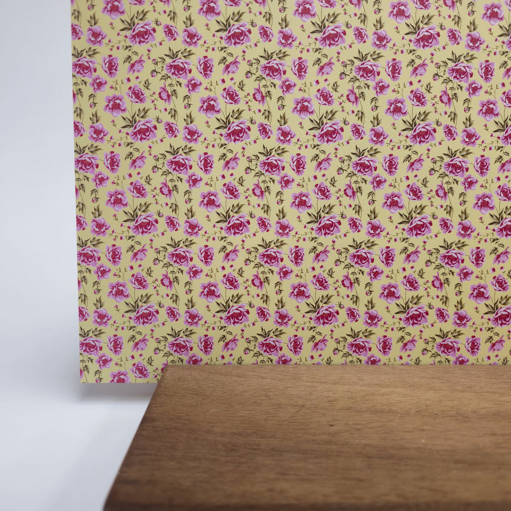 PatternPly® Full Coverage Pink Peonies Yellow Background sheet showing the pattern
