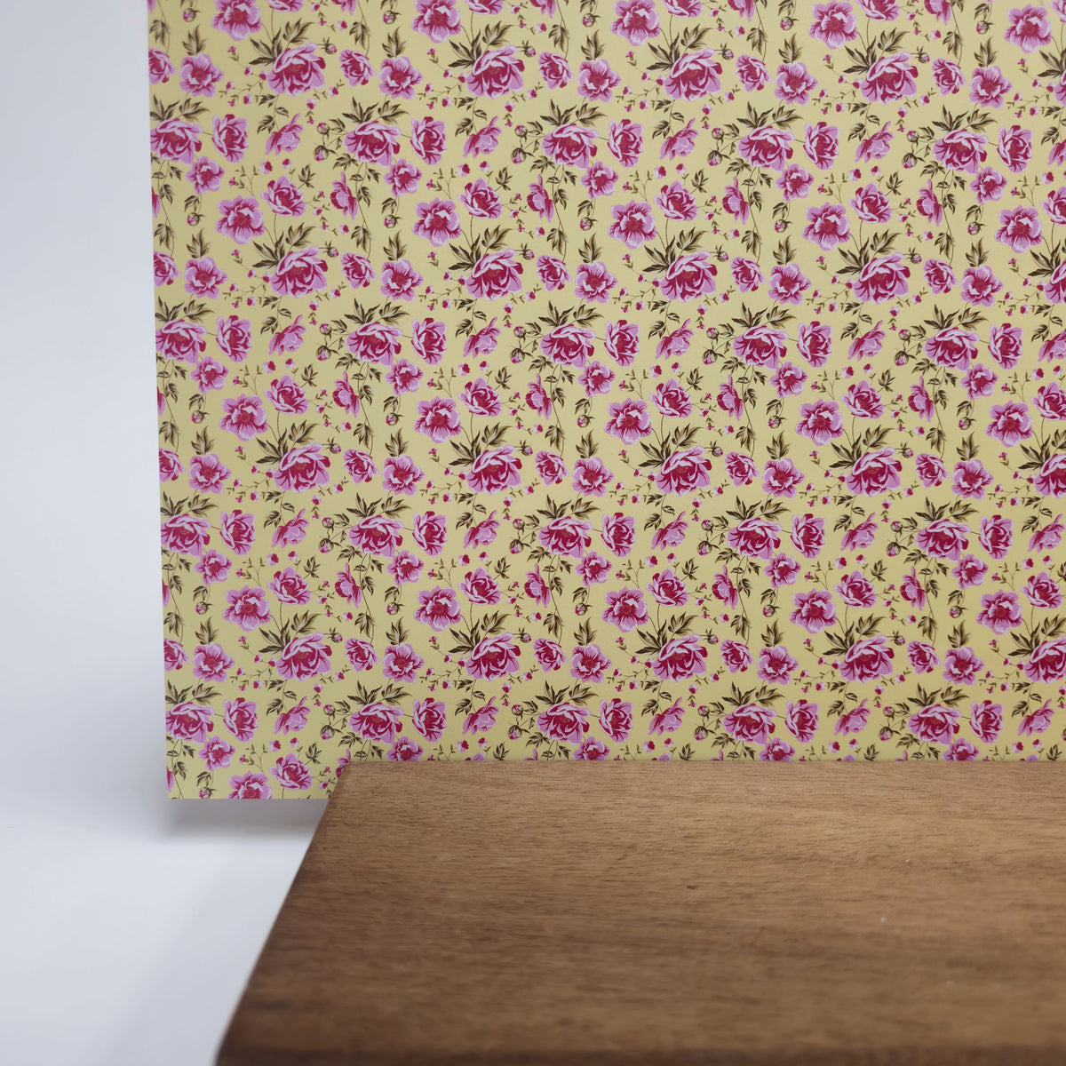 PatternPly® Full Coverage Pink Peonies Yellow Background sheet showing the pattern