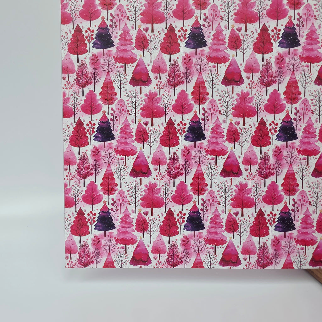 PatternPly® Full Coverage Pink Watercolor Christmas Trees sheet showing the pattern
