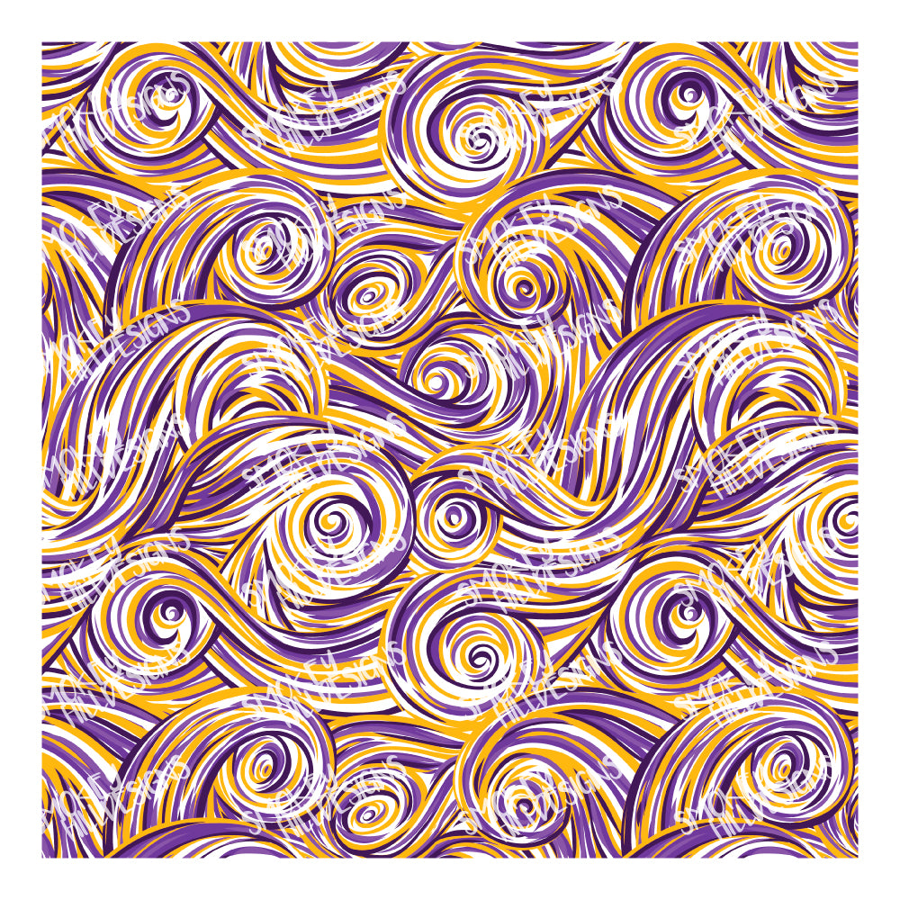 PatternPly® Transparent Purple and Gold Swirls sheet showing the pattern