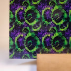 PatternPly® Full Coverage Green and Purple Halloween Tie Dye sheet showing the pattern