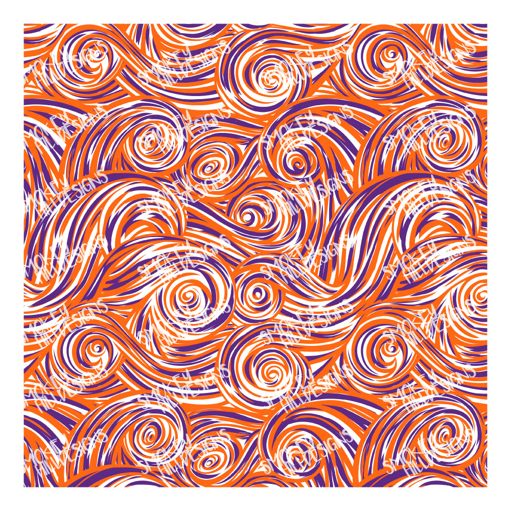 PatternPly® Scattered Purple and Orange Swirls sheet showing the pattern