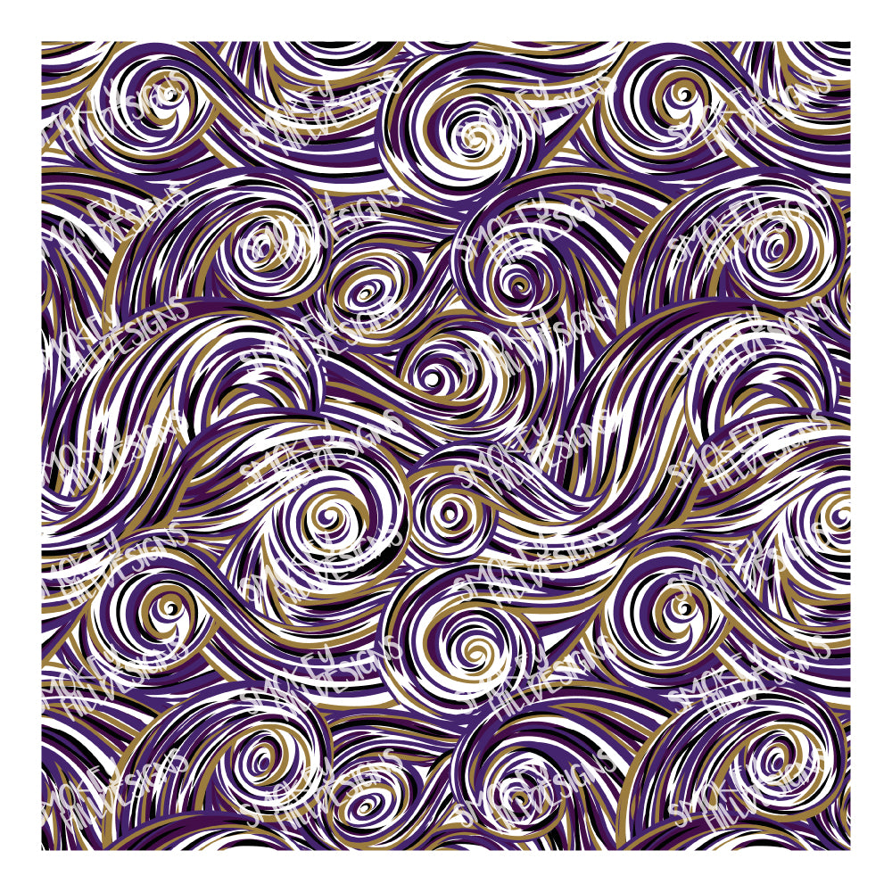 PatternPly® Scattered Purple, Gold, and Black Swirls sheet showing the pattern