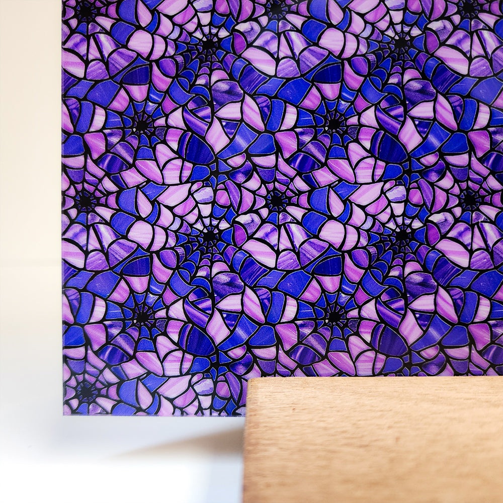 PatternPly® Full Coverage Purple Stained Glass Spiderwebs sheet showing the pattern