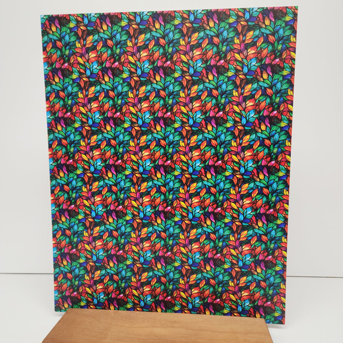 PatternPly® 19x24" Rainbow Stained Glass Leaves Original Scale sheet showing the pattern