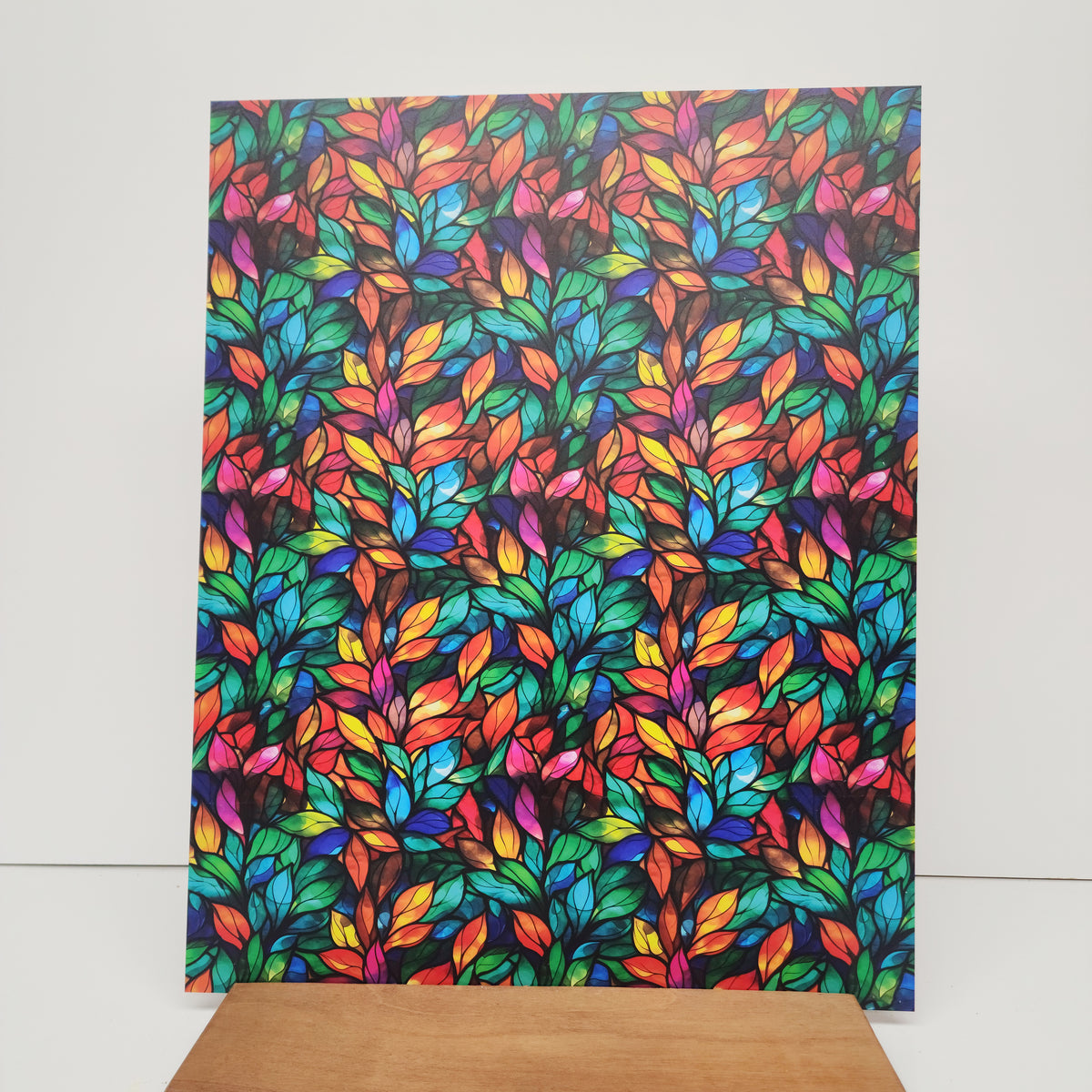 PatternPly® 19x24" Rainbow Stained Glass Leaves XL Scale sheet showing the pattern