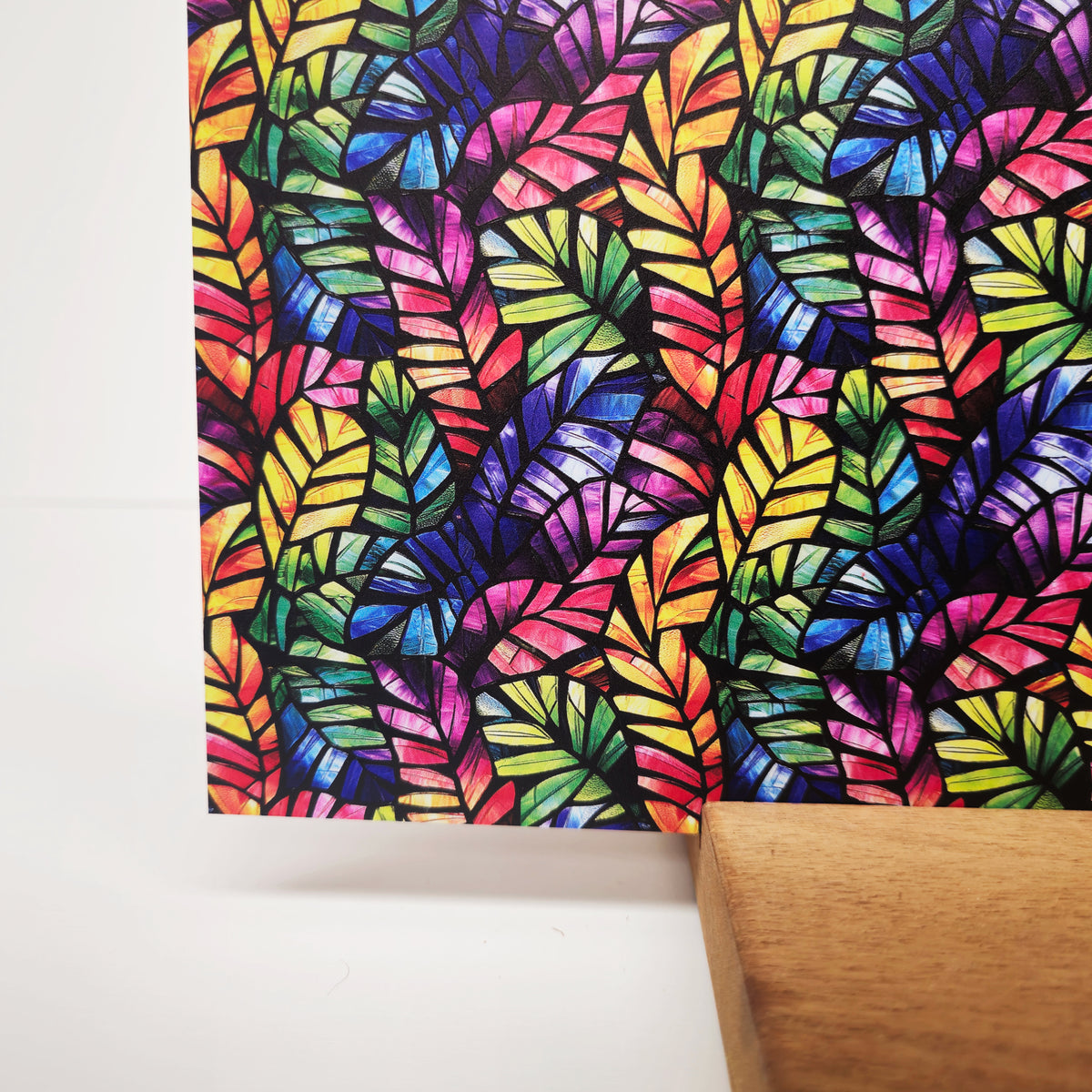 PatternPly® Full Coverage Rainbow Stained Glass Green Palms sheet showing the pattern
