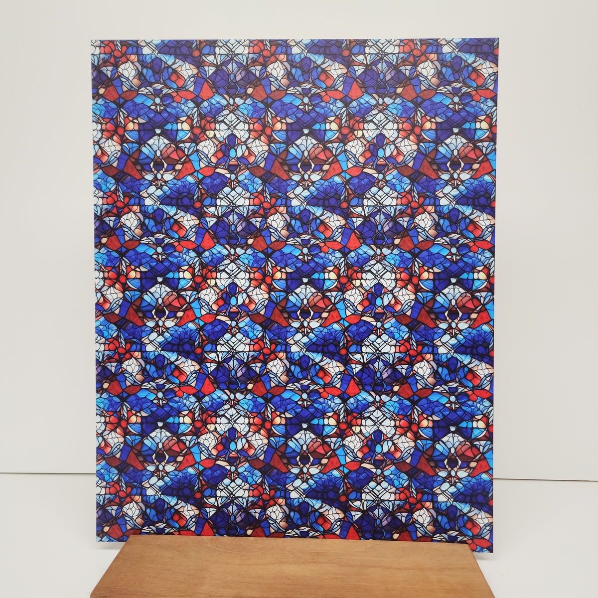 PatternPly® 19x24" Red, White, and Blue Stained Glass XL Scale sheet showing the pattern