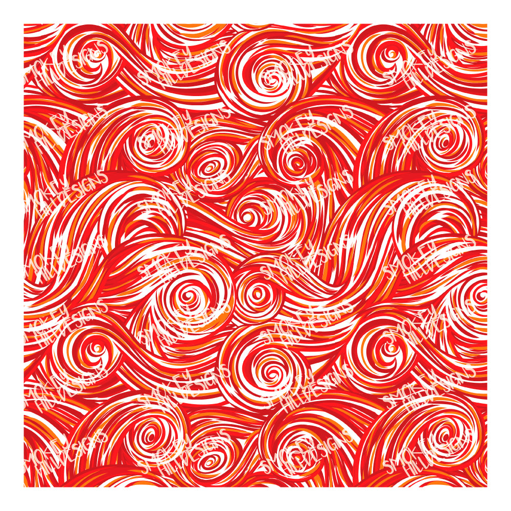 PatternPly® Scattered Red and Orange Swirls sheet showing the pattern