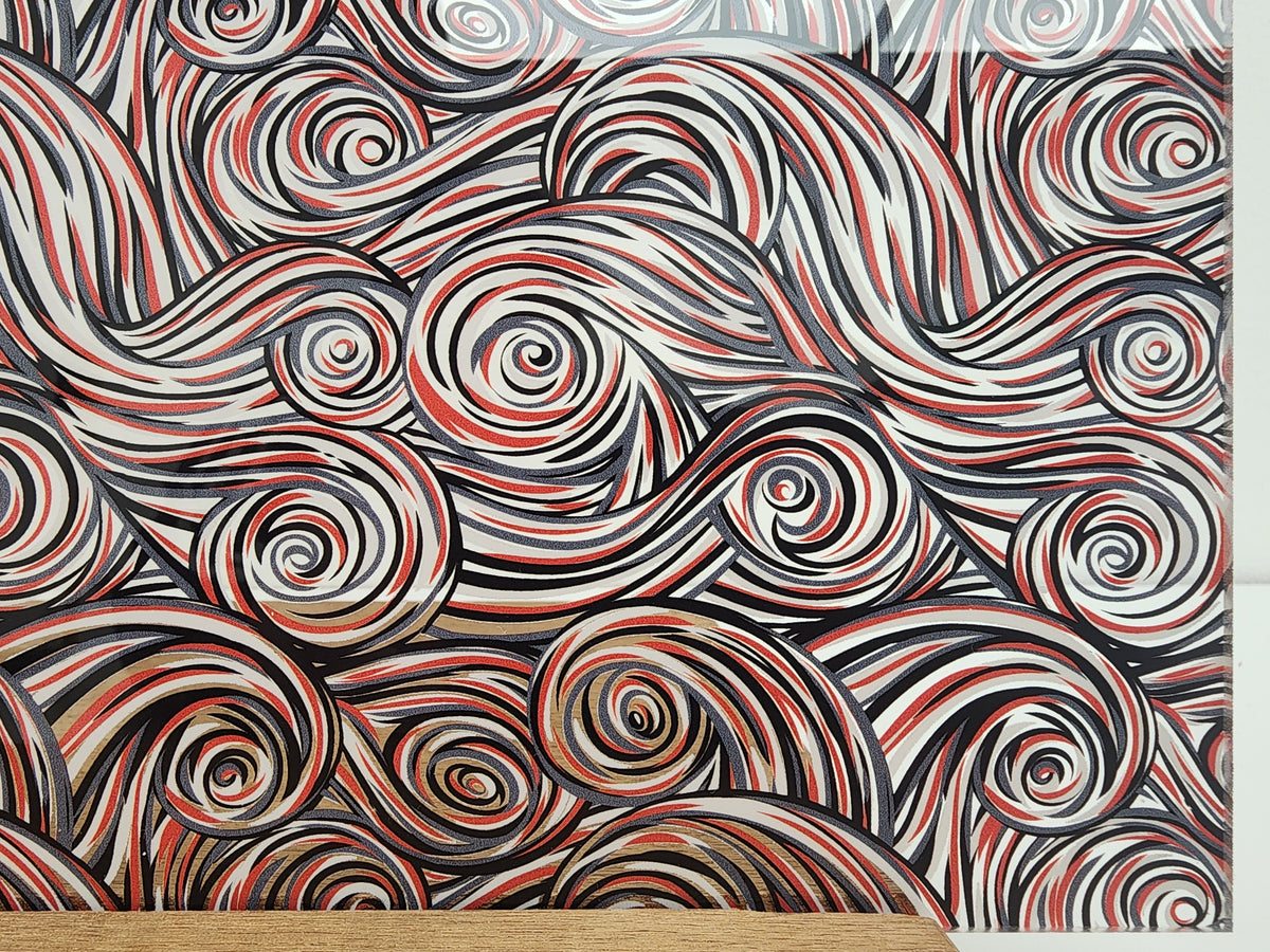 PatternPly® Scattered Red, Black, and White Swirls sheet showing the pattern