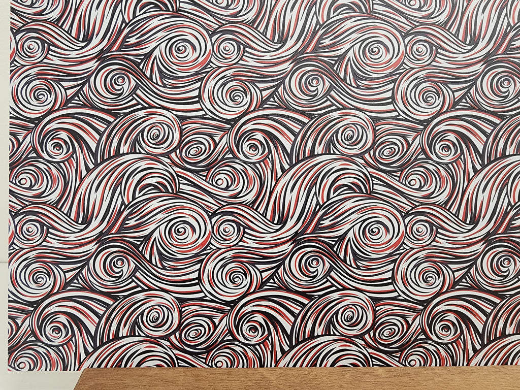 PatternPly® Full Coverage Red, Black, and White Swirls sheet showing the pattern