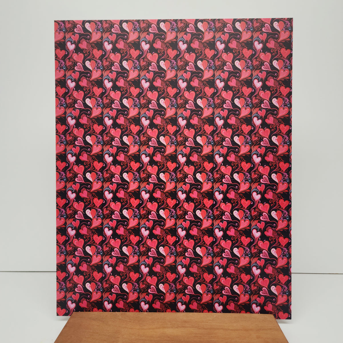 PatternPly® 19x24" Black and Red Hearts Original Scale sheet showing the pattern