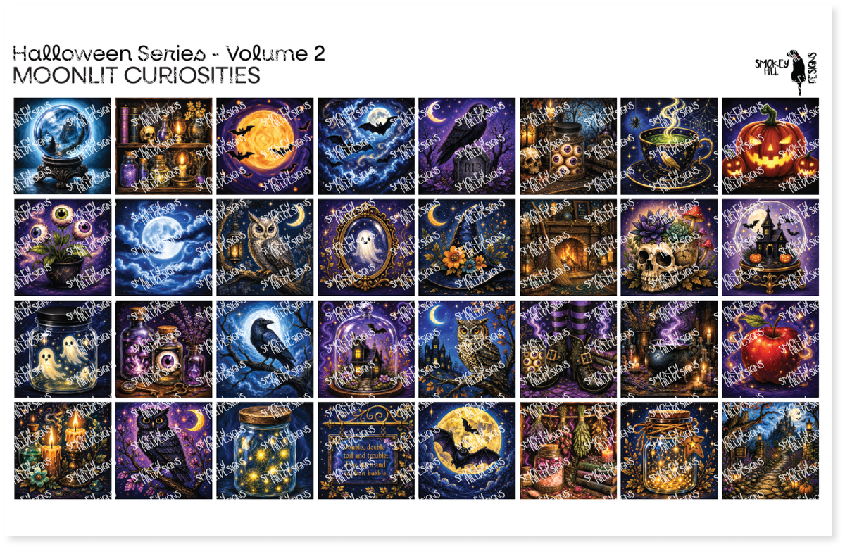 PatternPly® Full Coverage Halloween Series Volume 2 Moonlit Curiosities Sampler: sampler sheet of small art scene designs