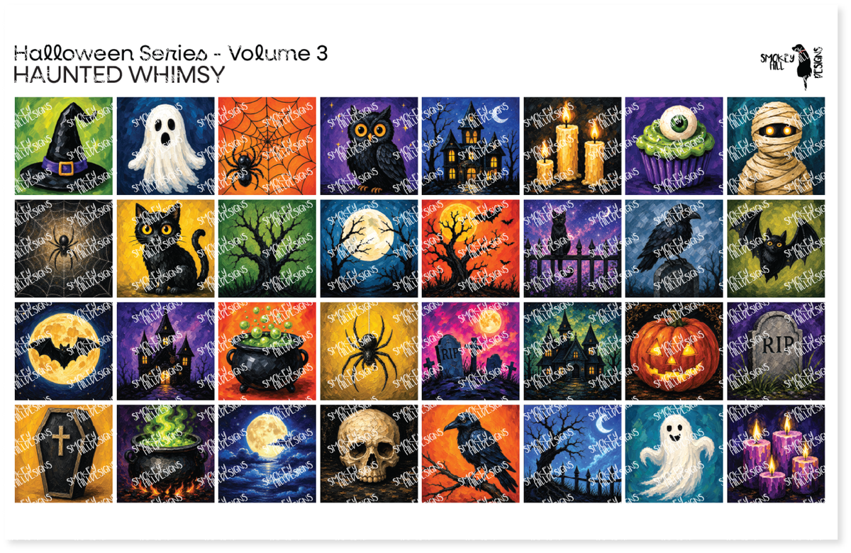 PatternPly® Full Coverage Halloween Series Volume 3 Haunted Whimsy Sampler: sampler sheet of small art scene designs