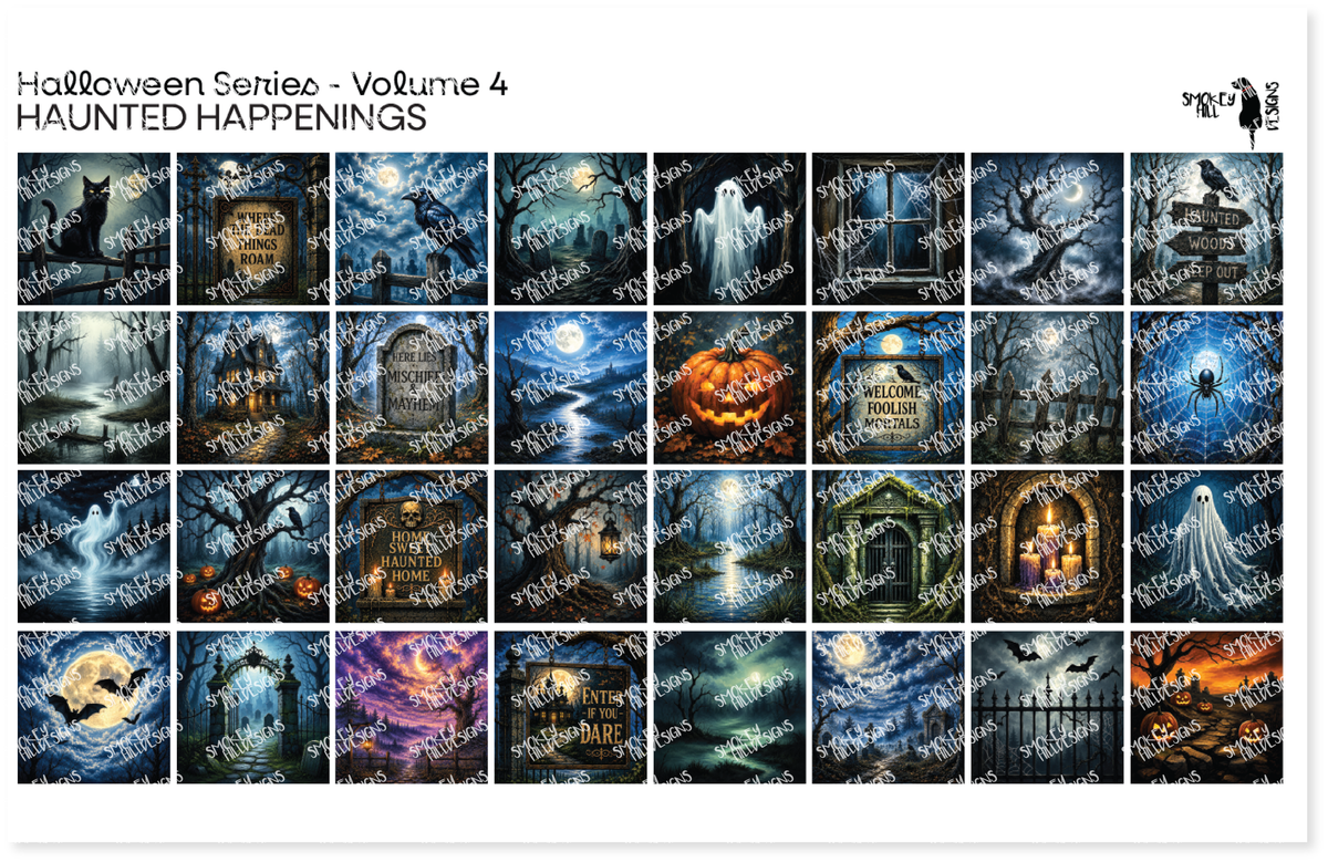 PatternPly® Full Coverage Halloween Series Volume 4 Haunted Happenings Sampler: sampler sheet of small art scene designs