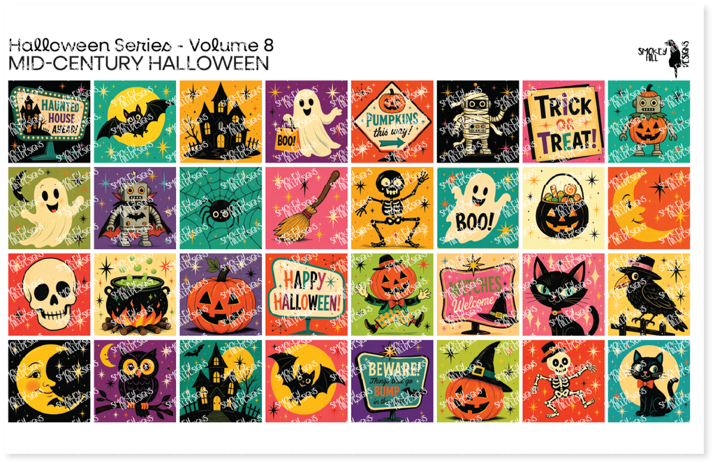 PatternPly® Full Coverage Halloween Series Volume 8 Mid Century Halloween Sampler: sampler sheet of small art scene designs