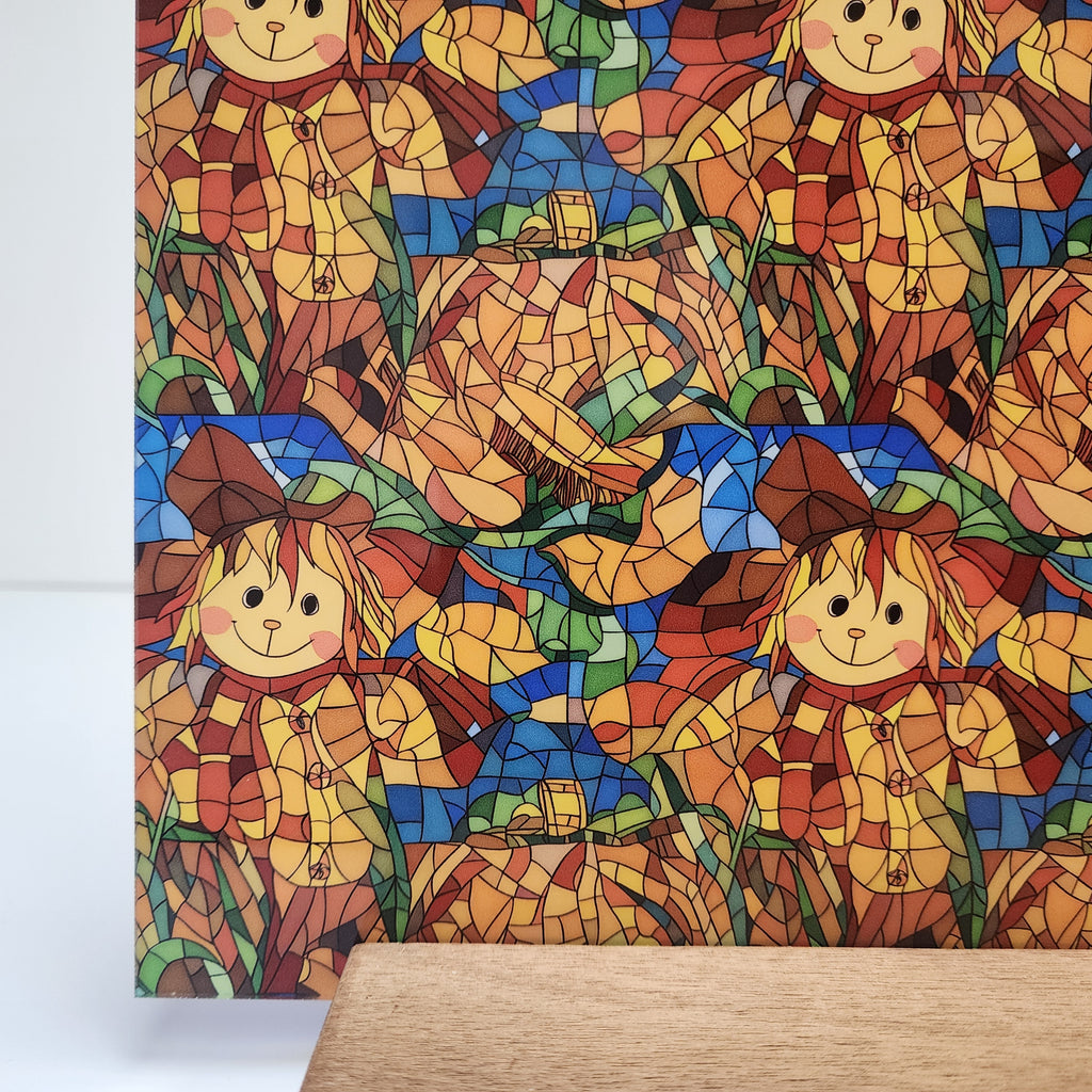PatternPly® Full Coverage Stained Glass Scarecrow sheet showing the pattern