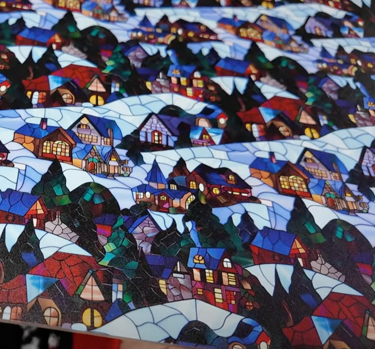 PatternPly® Full Coverage Stained Glass Snowy Village sheet showing the pattern