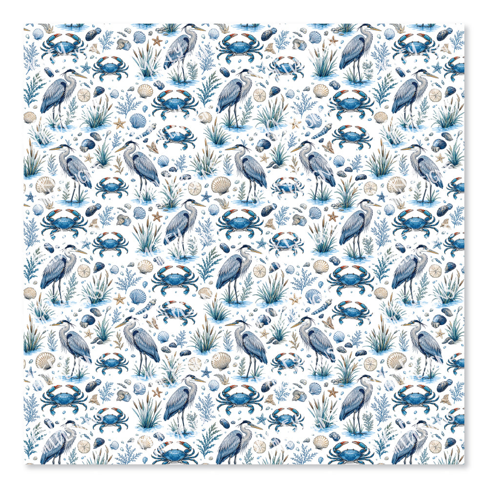 PatternPly® Scattered Blue Crab And Heron Micro sheet showing the pattern