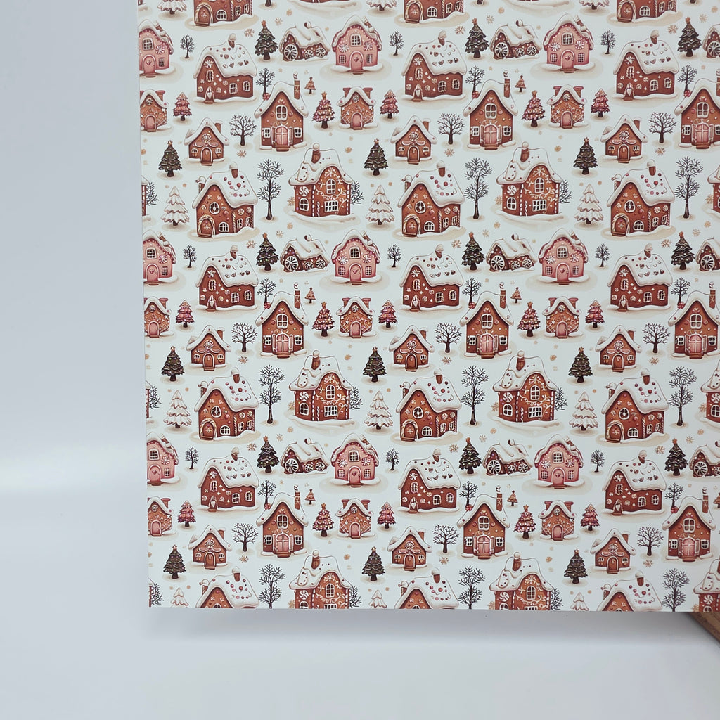 PatternPly® Full Coverage Snowy Gingerbread Village sheet showing the pattern