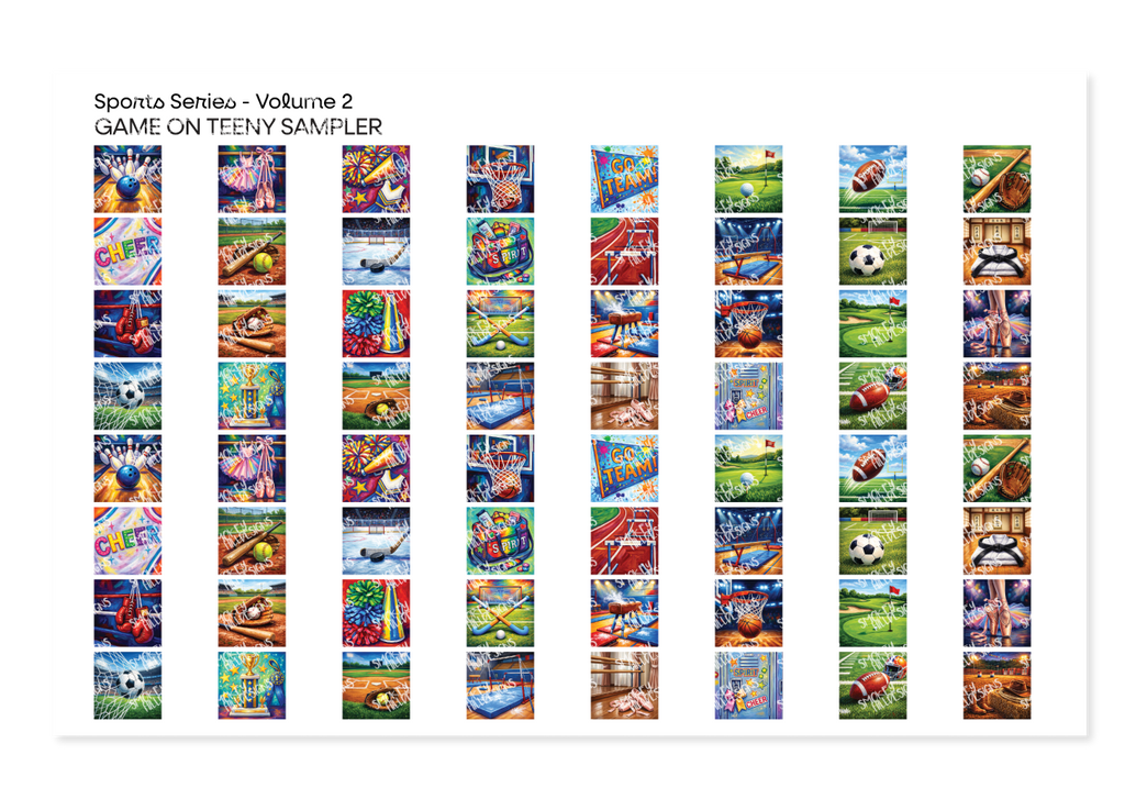 PatternPly® Full Coverage Sports Volume 2 Game On Teeny Sampler: sampler sheet of small art scene designs