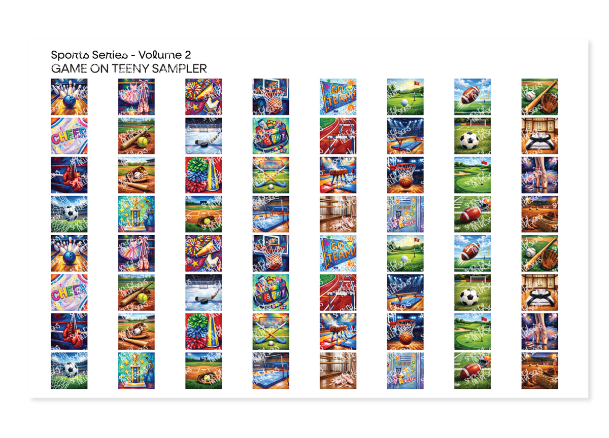 PatternPly® Full Coverage Sports Volume 2 Game On Teeny Sampler: sampler sheet of small art scene designs