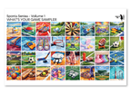PatternPly® Full Coverage Sports Volume 1 Whats Your Game Sampler: sampler sheet of small art scene designs
