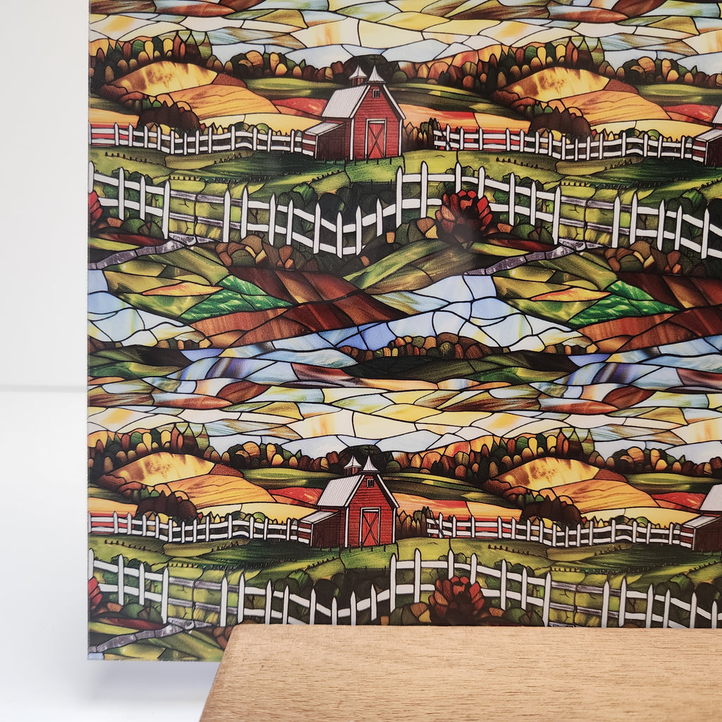 PatternPly® Full Coverage Stained Glass Farmland sheet showing the pattern