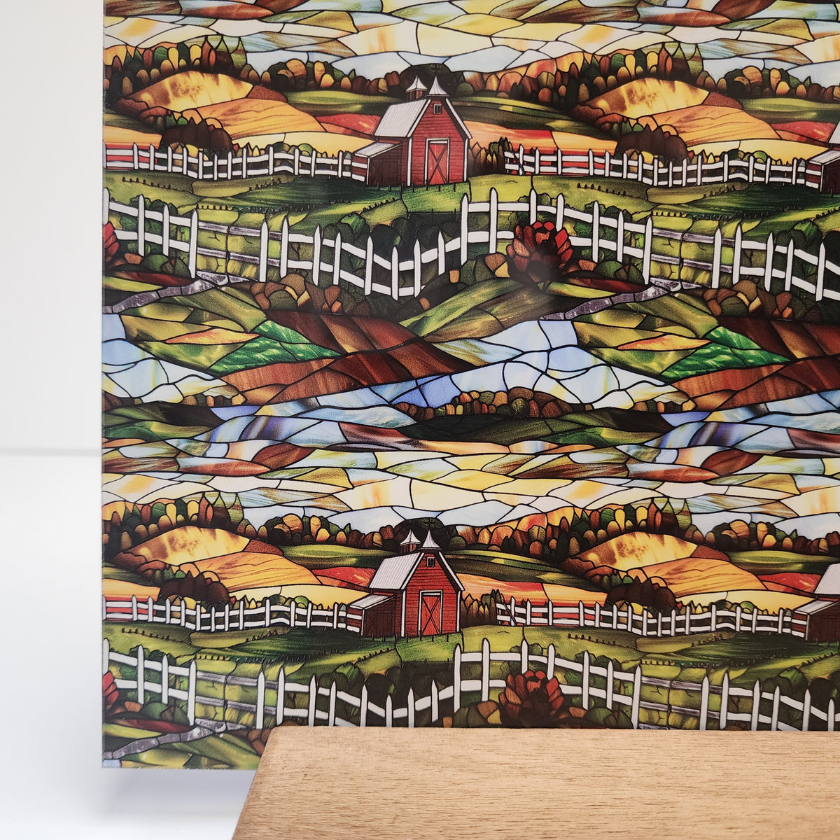 PatternPly® Full Coverage Stained Glass Farmland sheet showing the pattern