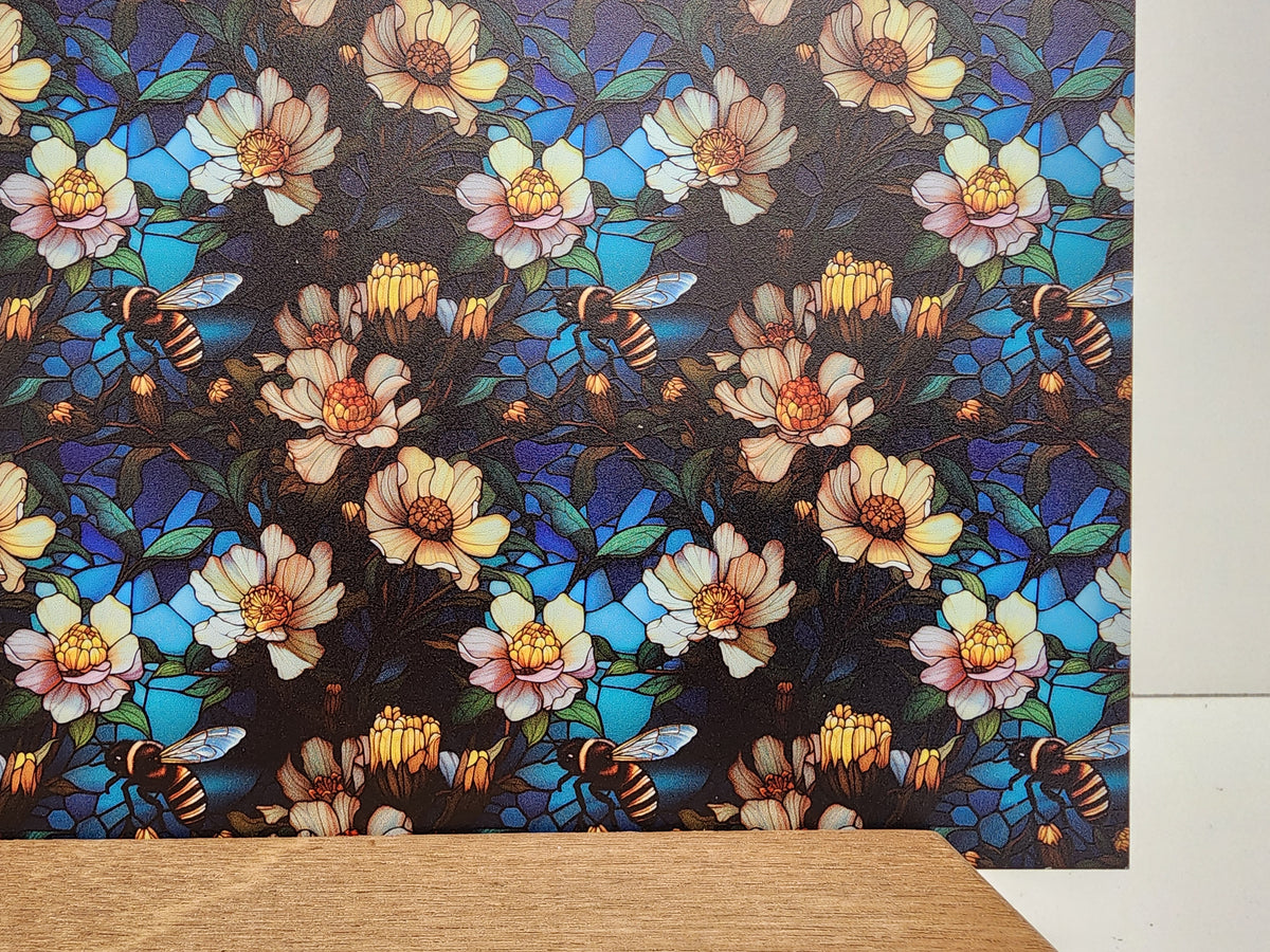 PatternPly® Full Coverage Stained Glass Bees and Flowers sheet showing the pattern